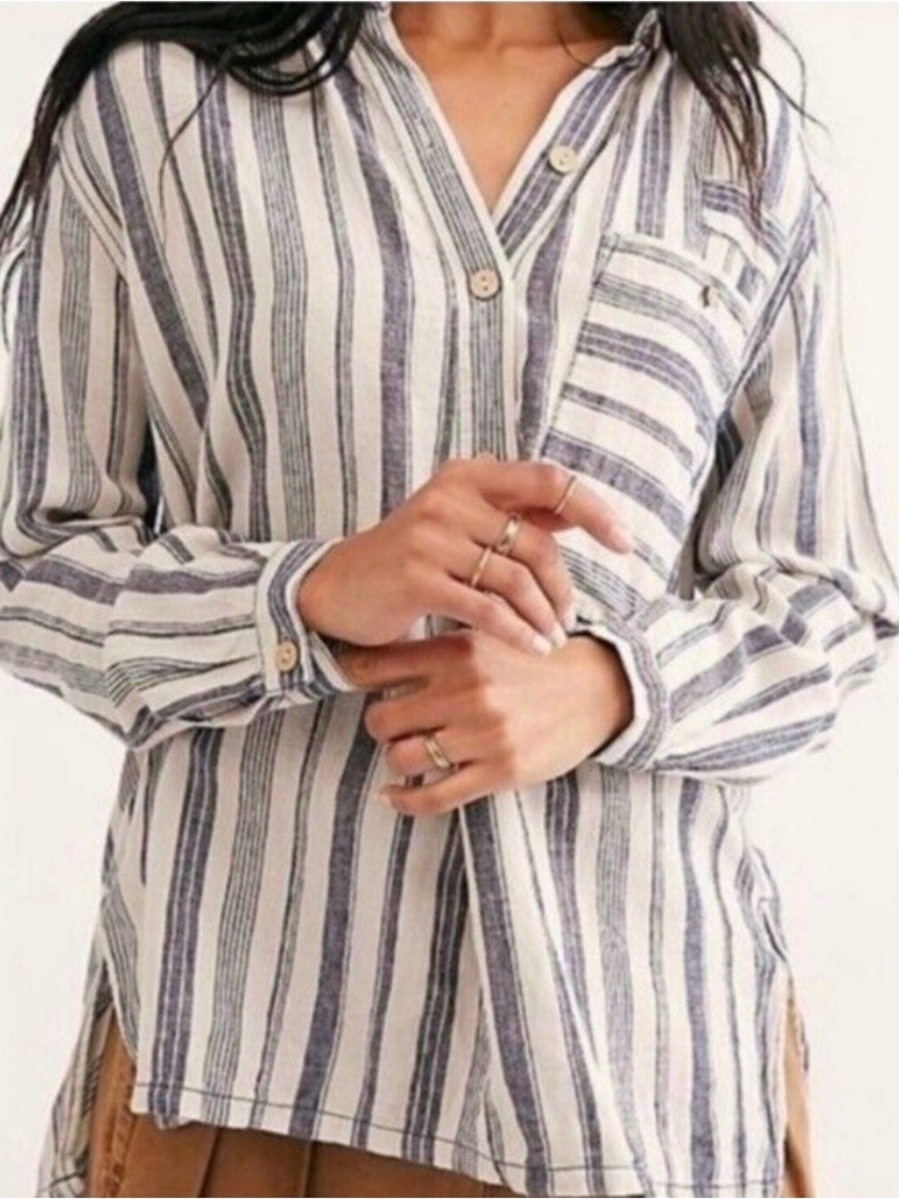 We The Free Casual Striped Button-Front Shirt - Linen blend